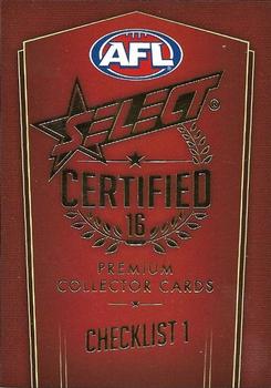 2016 Select AFL Certified #1 Checklist 1 Front
